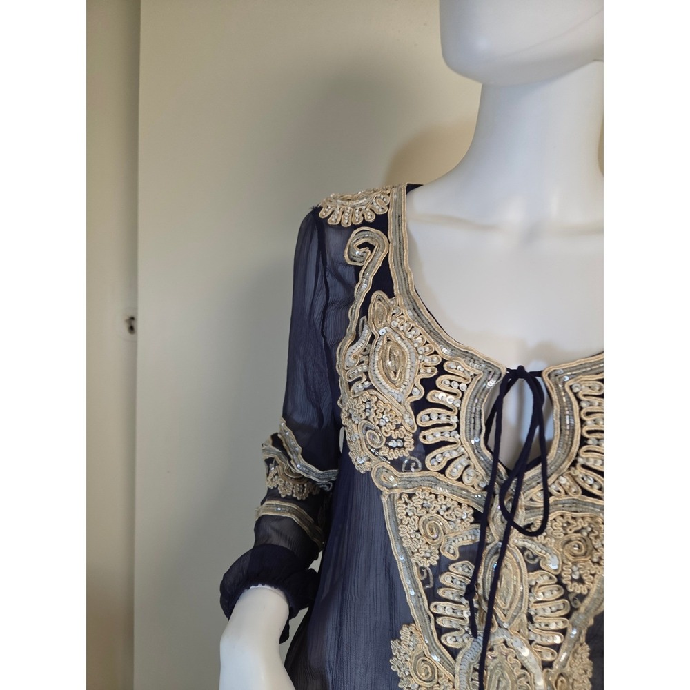 Calypso St. Barth Silk Embroidered Sequin Tunic Navy Blue Boho Coverup Medium - Picture 9 of 14